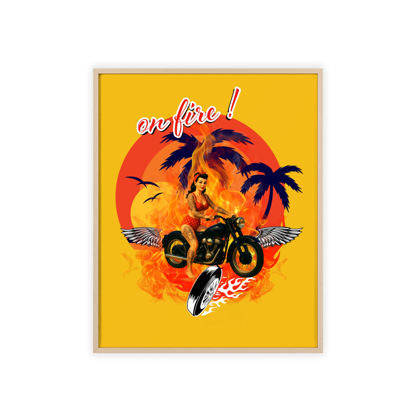 Vibrant Motorcycle Poster with Wooden Frame | Retro Wall Art for Bikers