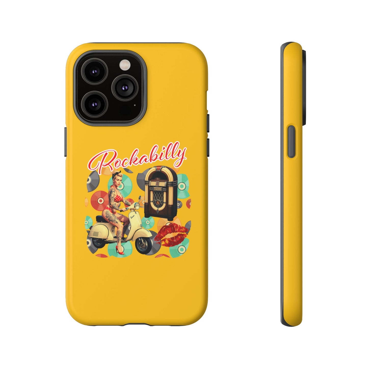 Rockabilly Phone Case, Vintage Scooter Design, Retro Style Cover, Fun Gift for Music Lovers, Yellow Tough Cases