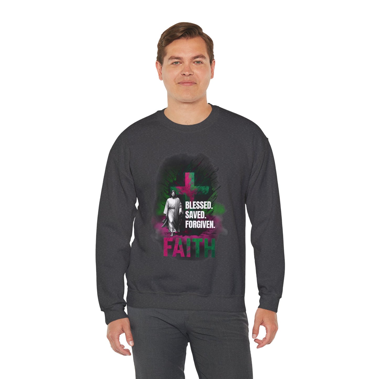 Jesus mit Faith und Spruch Blessed -Saved -Forgiven Sweatshirt