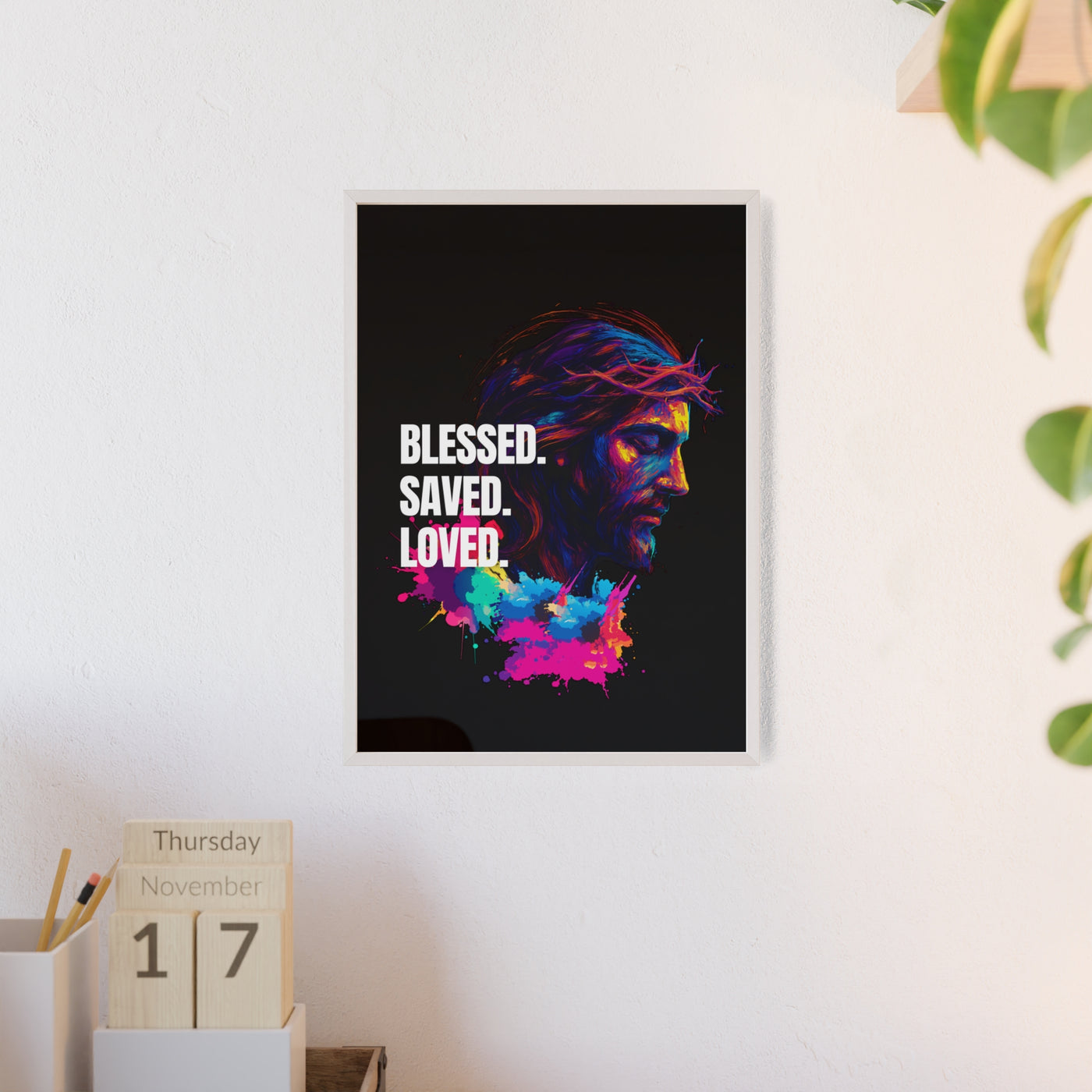 Inspirational Jesus Wall Art - 'Blessed, Saved, Loved' Poster with Wooden Frame 