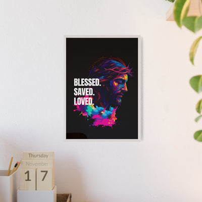Inspirational Jesus Wall Art - 'Blessed, Saved, Loved' Poster with Wooden Frame 