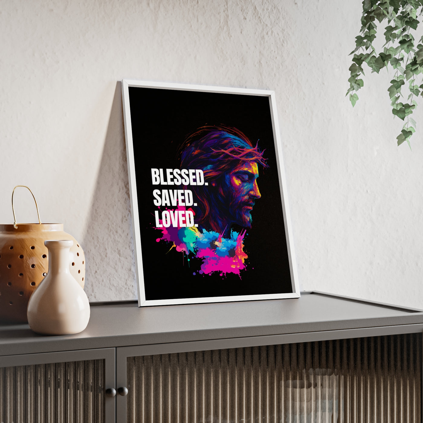 Inspirational Jesus Wall Art - 'Blessed, Saved, Loved' Poster with Wooden Frame 