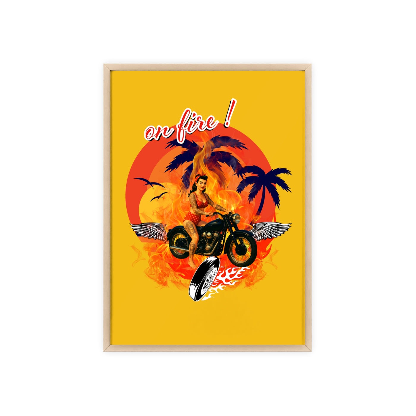 Vibrant Motorcycle Poster with Wooden Frame | Retro Wall Art for Bikers