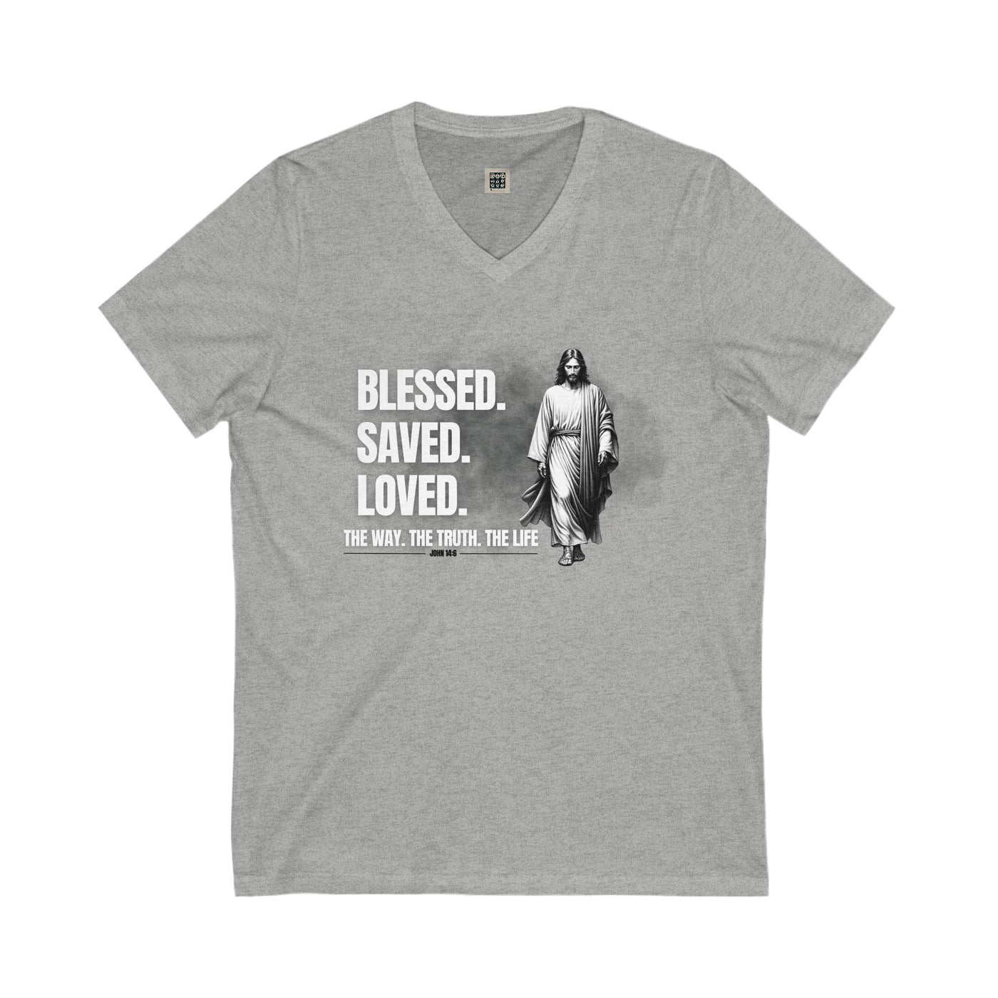 Blessed Saved Loved Unisex V-Neck Tee - Inspirational Faith Shirt