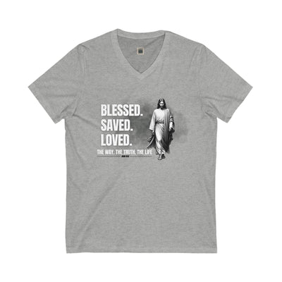 Blessed Saved Loved Unisex V-Neck Tee - Inspirational Faith Shirt