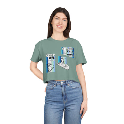 Skateboarding Women's Crop Tee - Keep On Skatin' &amp; Fall Ride Graphic T-Shirt