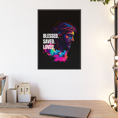 Inspirational Jesus Wall Art - 'Blessed, Saved, Loved' Poster with Wooden Frame 