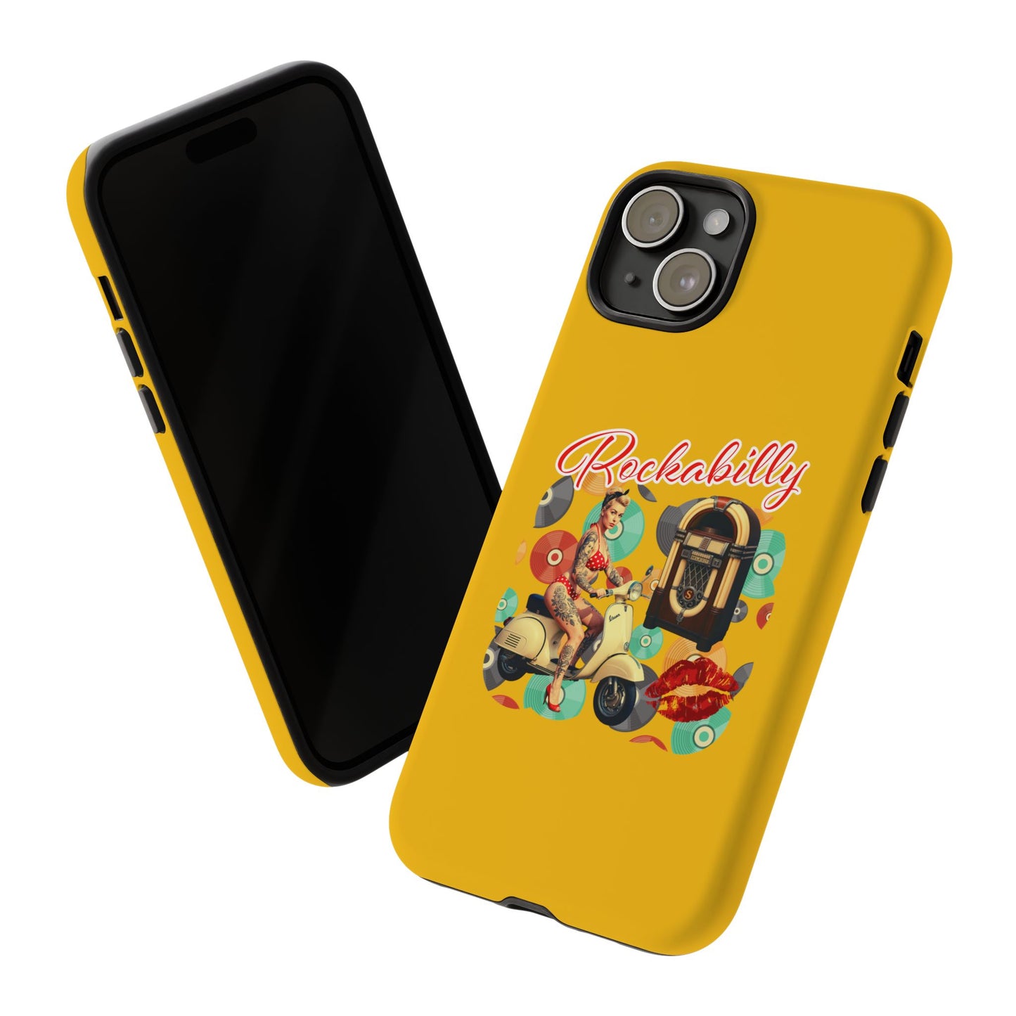 Rockabilly Phone Case, Vintage Scooter Design, Retro Style Cover, Fun Gift for Music Lovers, Yellow Tough Cases