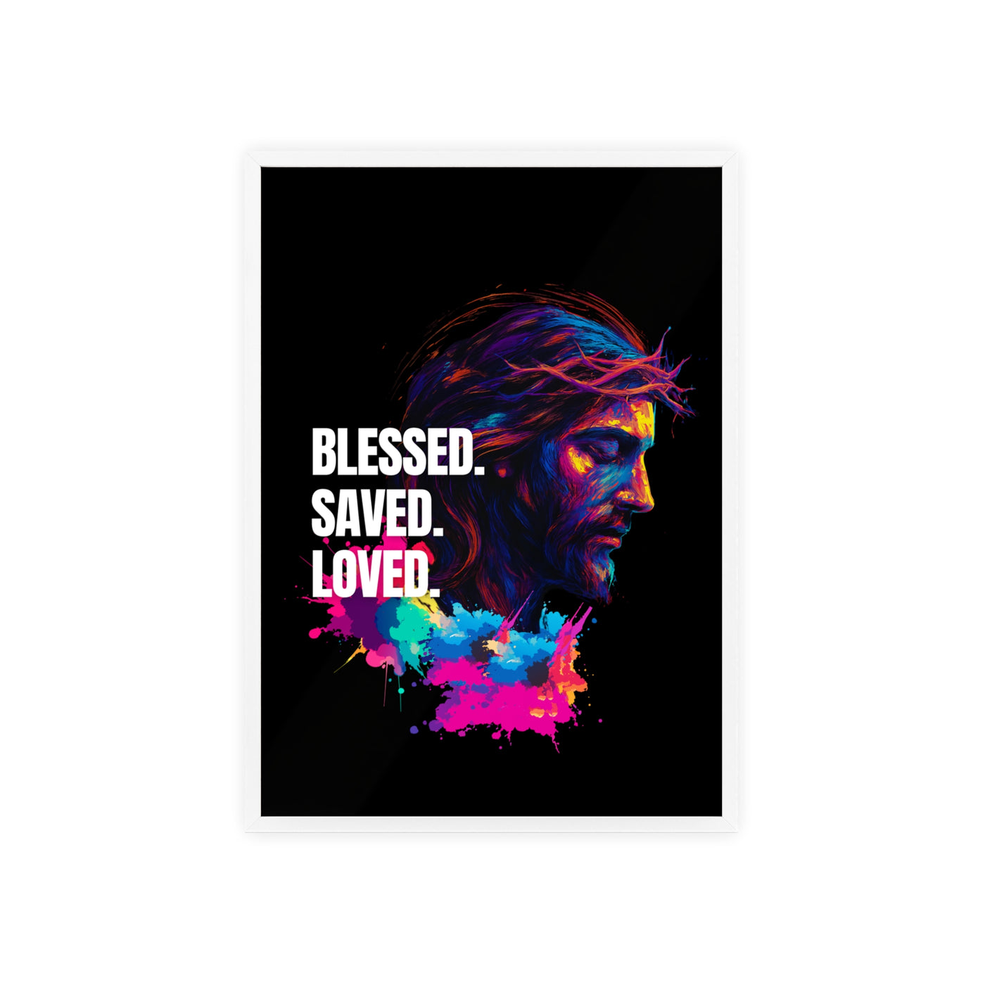 Inspirational Jesus Wall Art - 'Blessed, Saved, Loved' Poster with Wooden Frame 