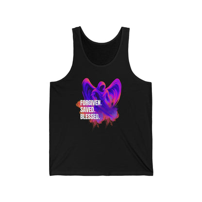 Spiritual Erzengel Unisex Jersey Tank - "Forgiven. Saved. Blessed." Inspirational Apparel