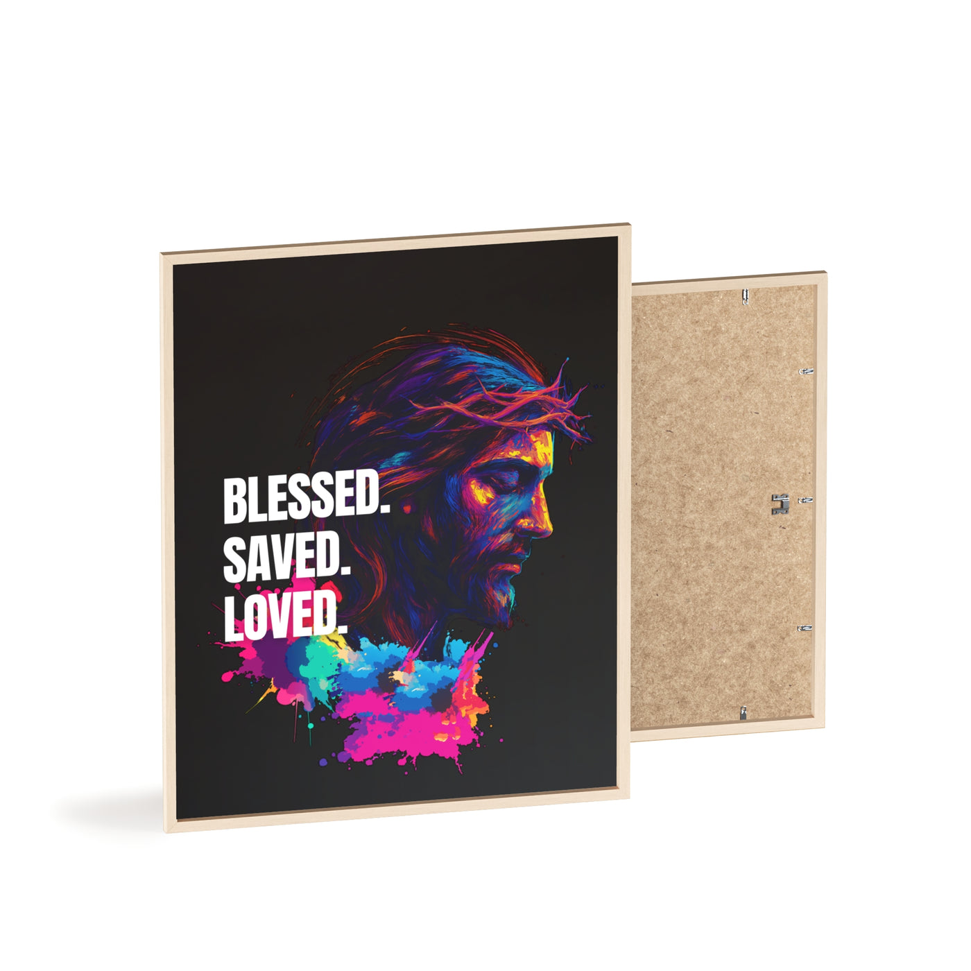 Inspirational Jesus Wall Art - 'Blessed, Saved, Loved' Poster with Wooden Frame 