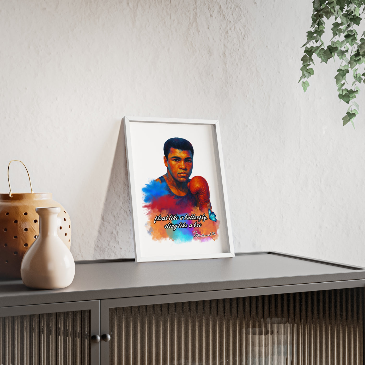 Inspirational Muhammad Ali Poster with Wooden Frame - Float Like a Butterfly, Sting Like a Bee