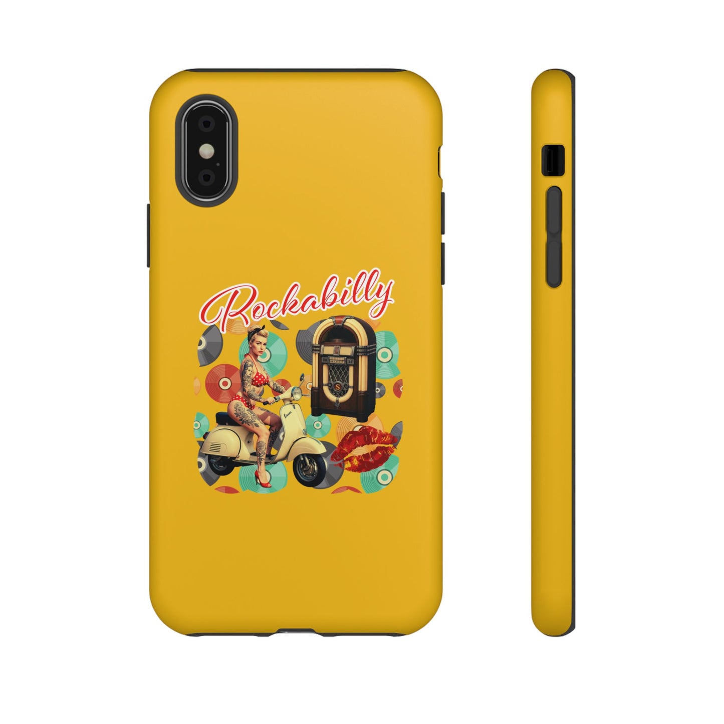 Rockabilly Phone Case, Vintage Scooter Design, Retro Style Cover, Fun Gift for Music Lovers, Yellow Tough Cases