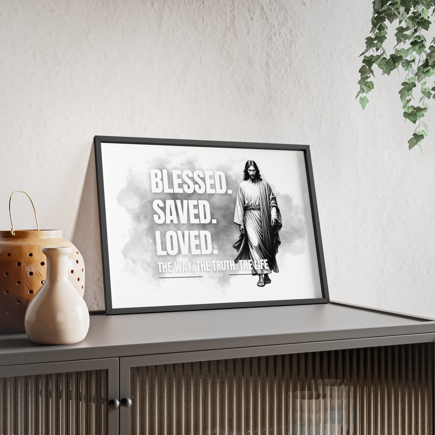 Inspirational Jesus Wall Art - Blessed, Saved, Loved - Framed Poster