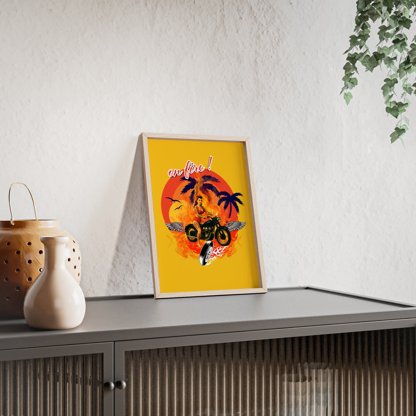 Vibrant Motorcycle Poster with Wooden Frame | Retro Wall Art for Bikers