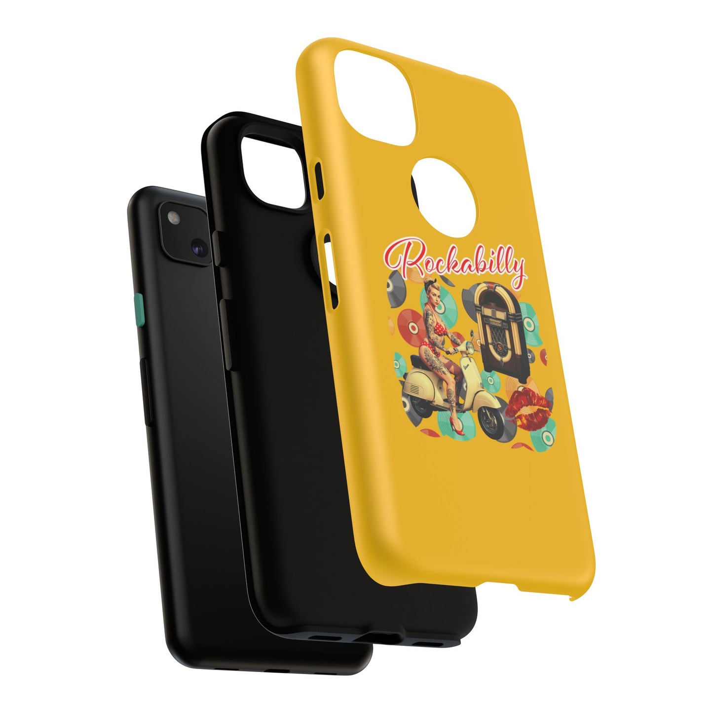 Rockabilly Phone Case, Vintage Scooter Design, Retro Style Cover, Fun Gift for Music Lovers, Yellow Tough Cases