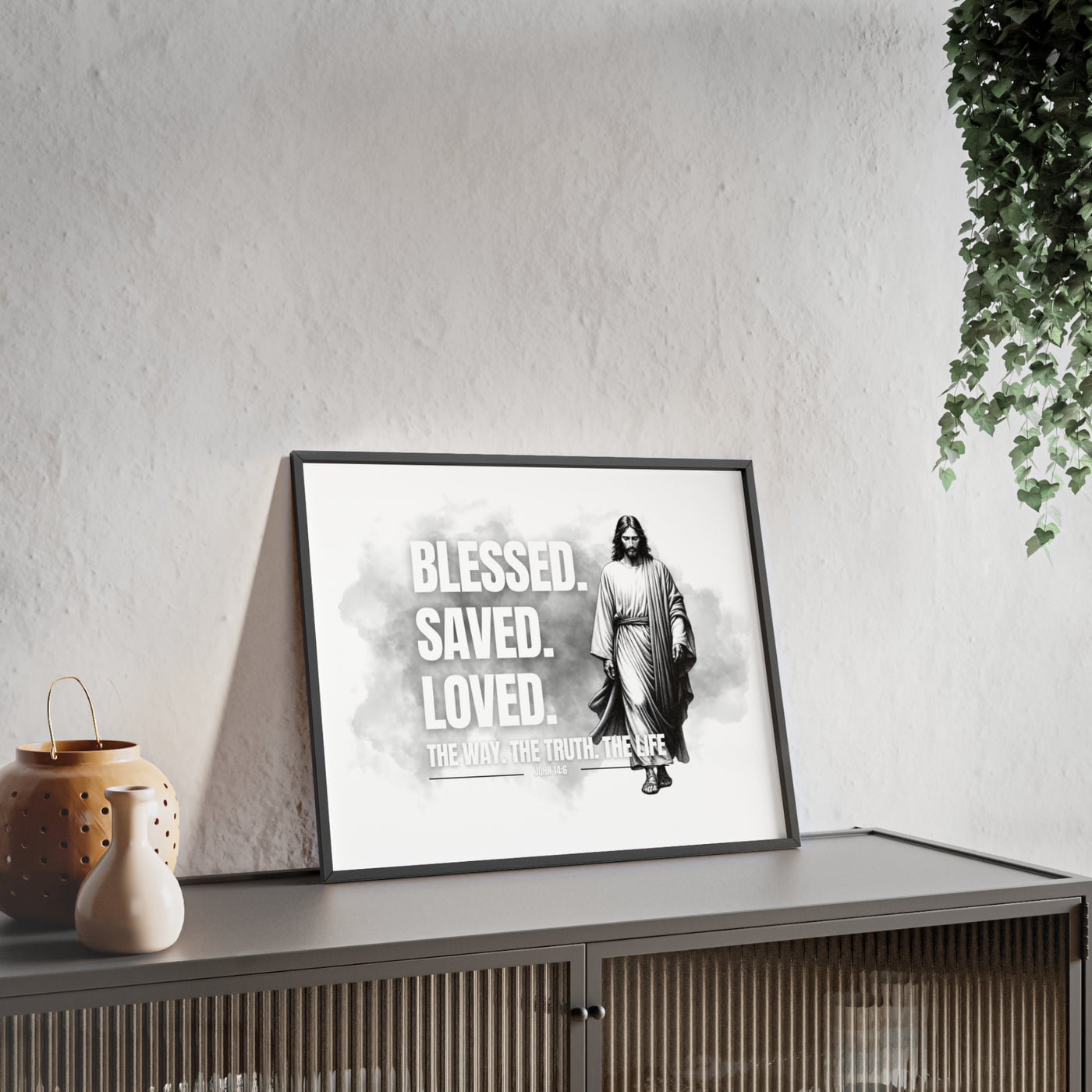 Inspirational Jesus Wall Art - Blessed, Saved, Loved - Framed Poster