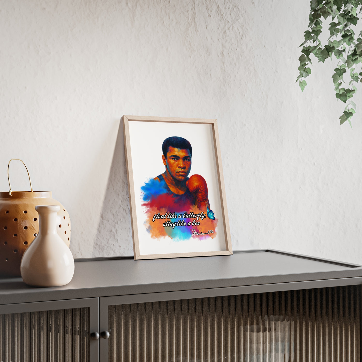 Inspirational Muhammad Ali Poster with Wooden Frame - Float Like a Butterfly, Sting Like a Bee