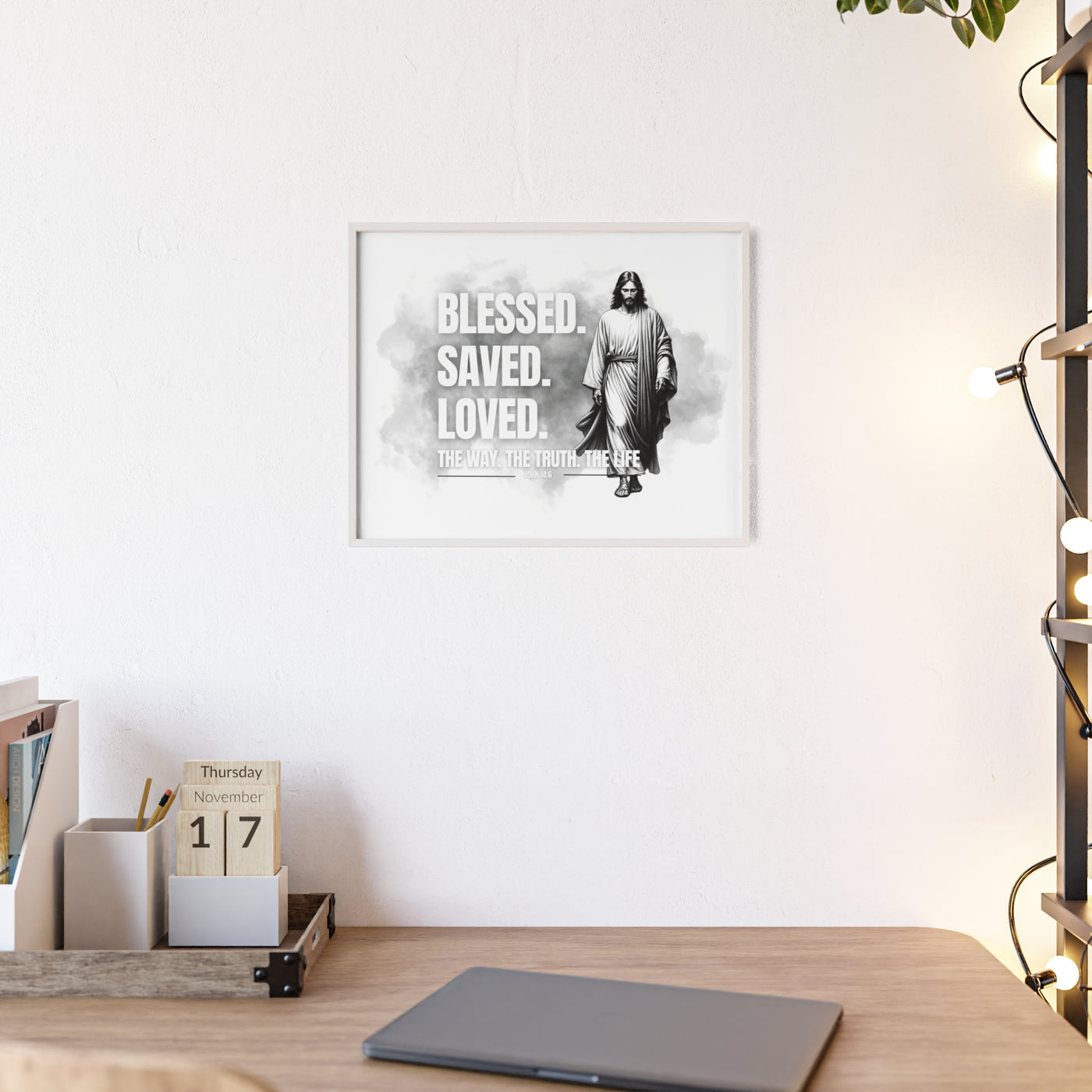 Inspirational Jesus Wall Art - Blessed, Saved, Loved - Framed Poster