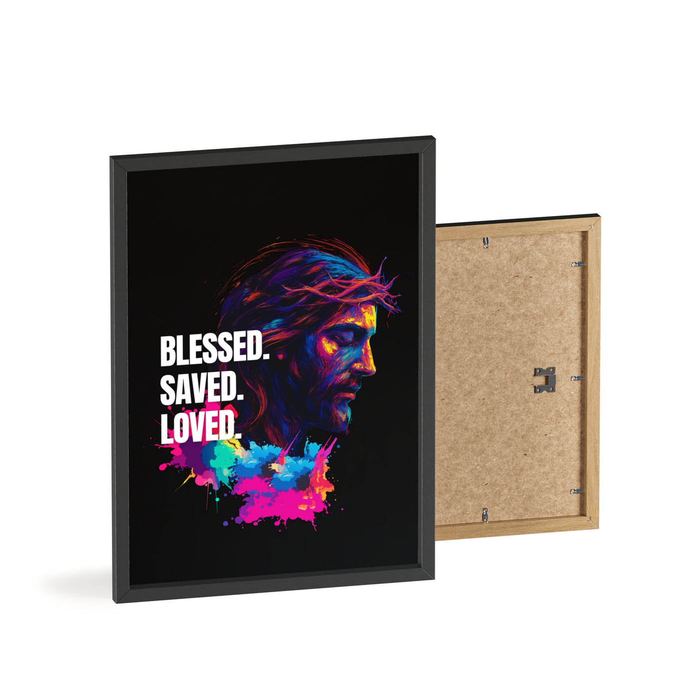 Inspirational Jesus Wall Art - 'Blessed, Saved, Loved' Poster with Wooden Frame 