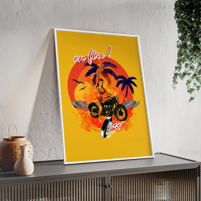 Vibrant Motorcycle Poster with Wooden Frame | Retro Wall Art for Bikers