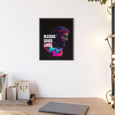 Inspirational Jesus Wall Art - 'Blessed, Saved, Loved' Poster with Wooden Frame 