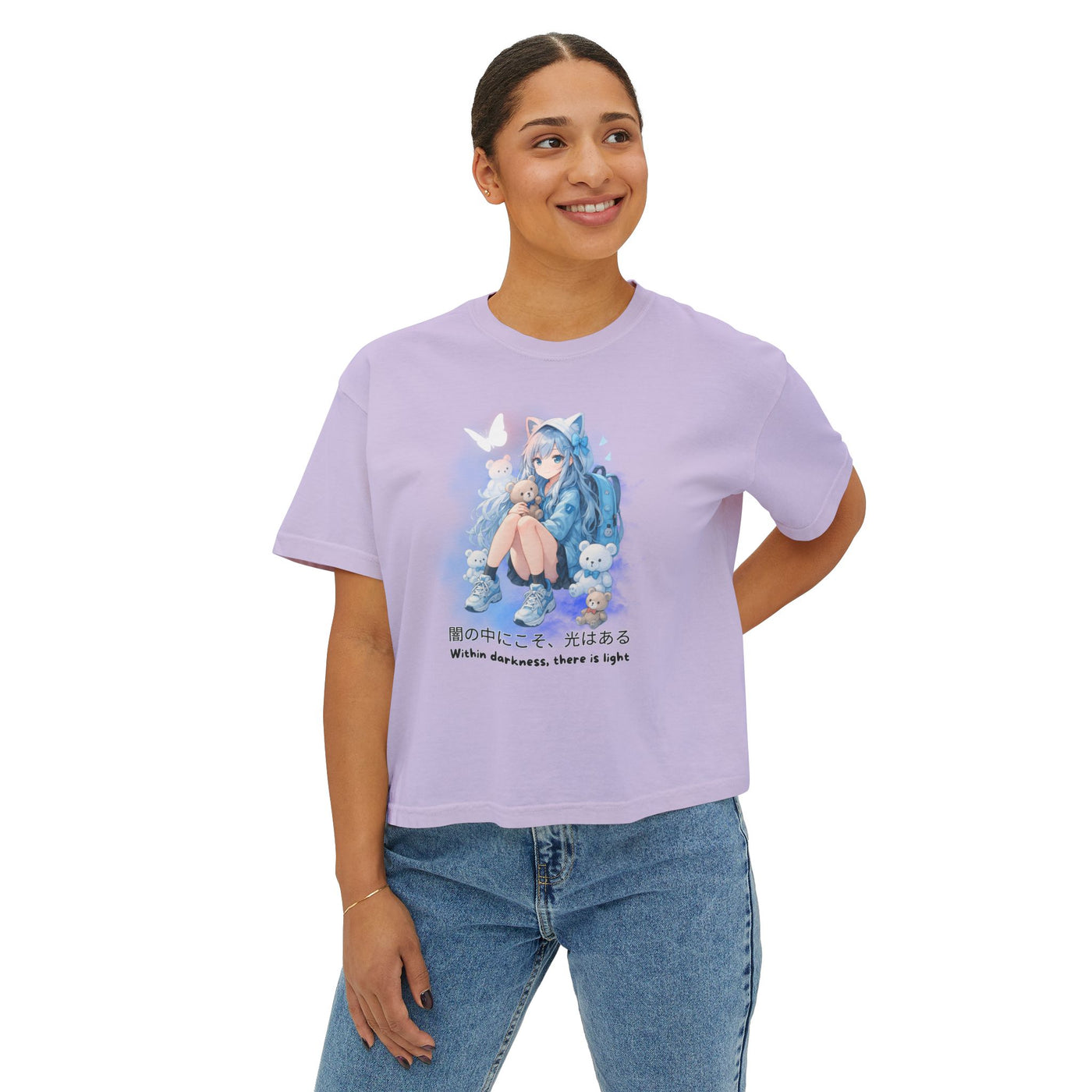 Women's Boxy Tee - "Within Darkness, There is Light" Cozy Cartoon Tee Anime