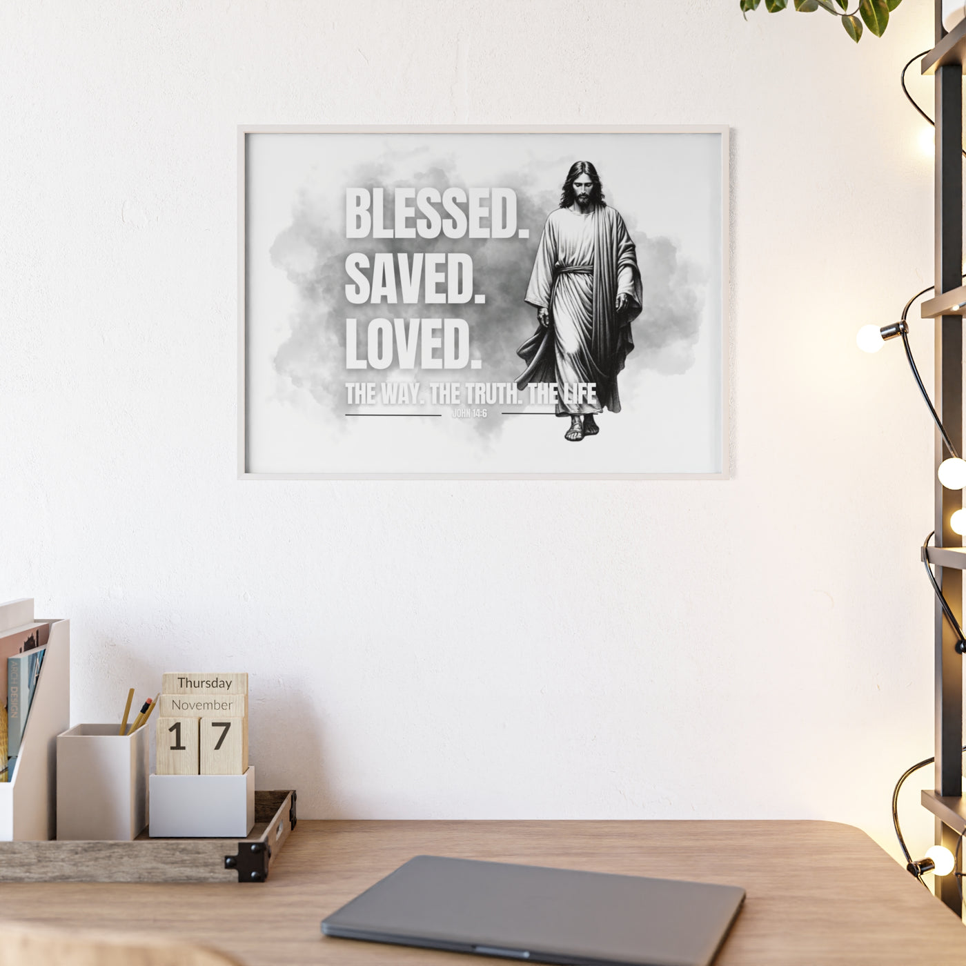 Inspirational Jesus Wall Art - Blessed, Saved, Loved - Framed Poster