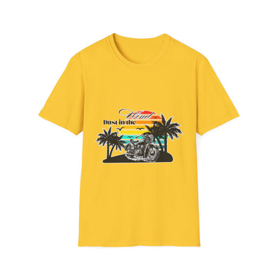 Dust in the Wind Unisex Jersey Tee – Retro Motorcycle & Palm Trees Design