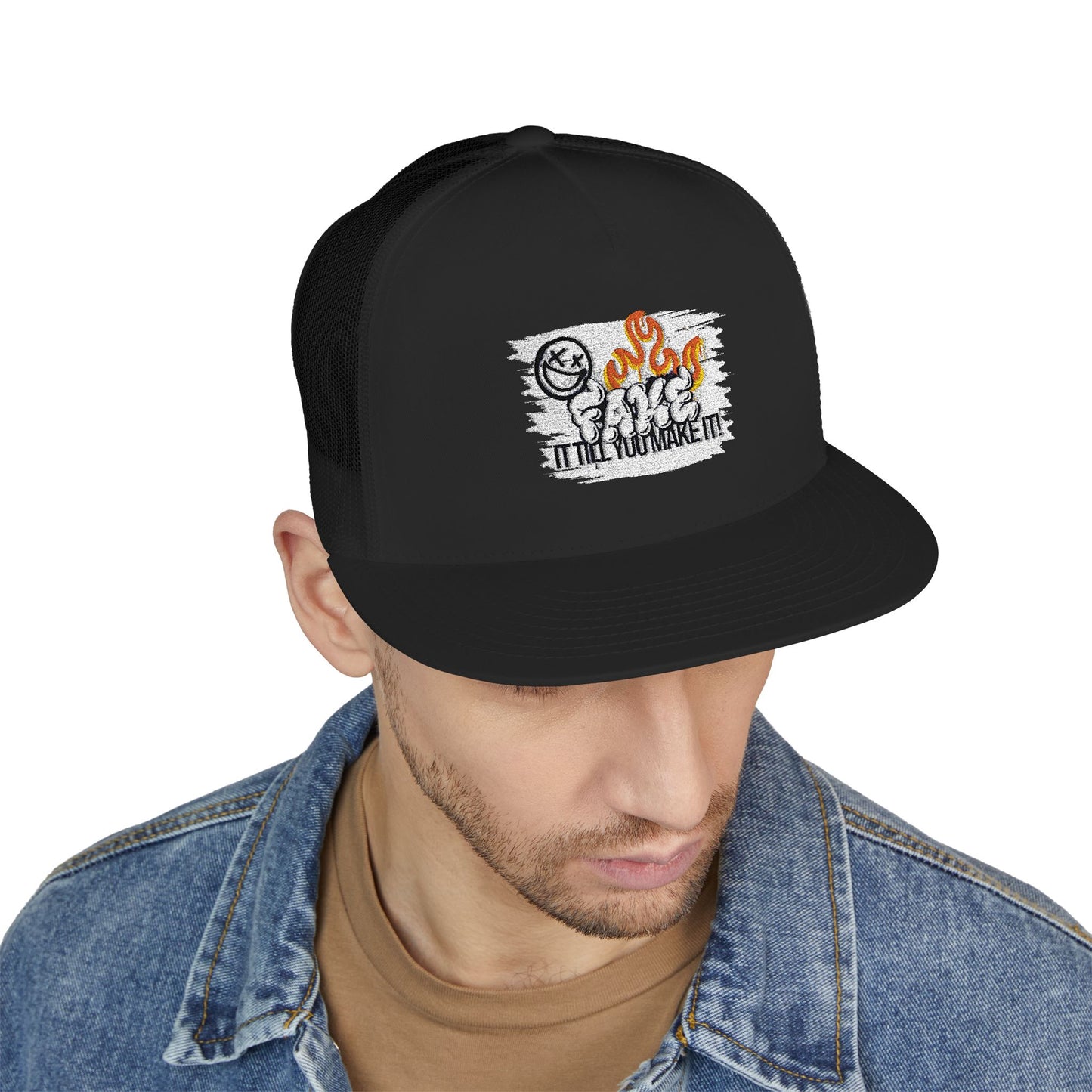 Embroidered 5 Panel Trucker Cap - Fake it til you make it