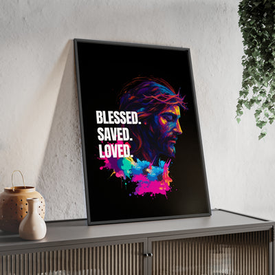 Inspirational Jesus Wall Art - 'Blessed, Saved, Loved' Poster with Wooden Frame 
