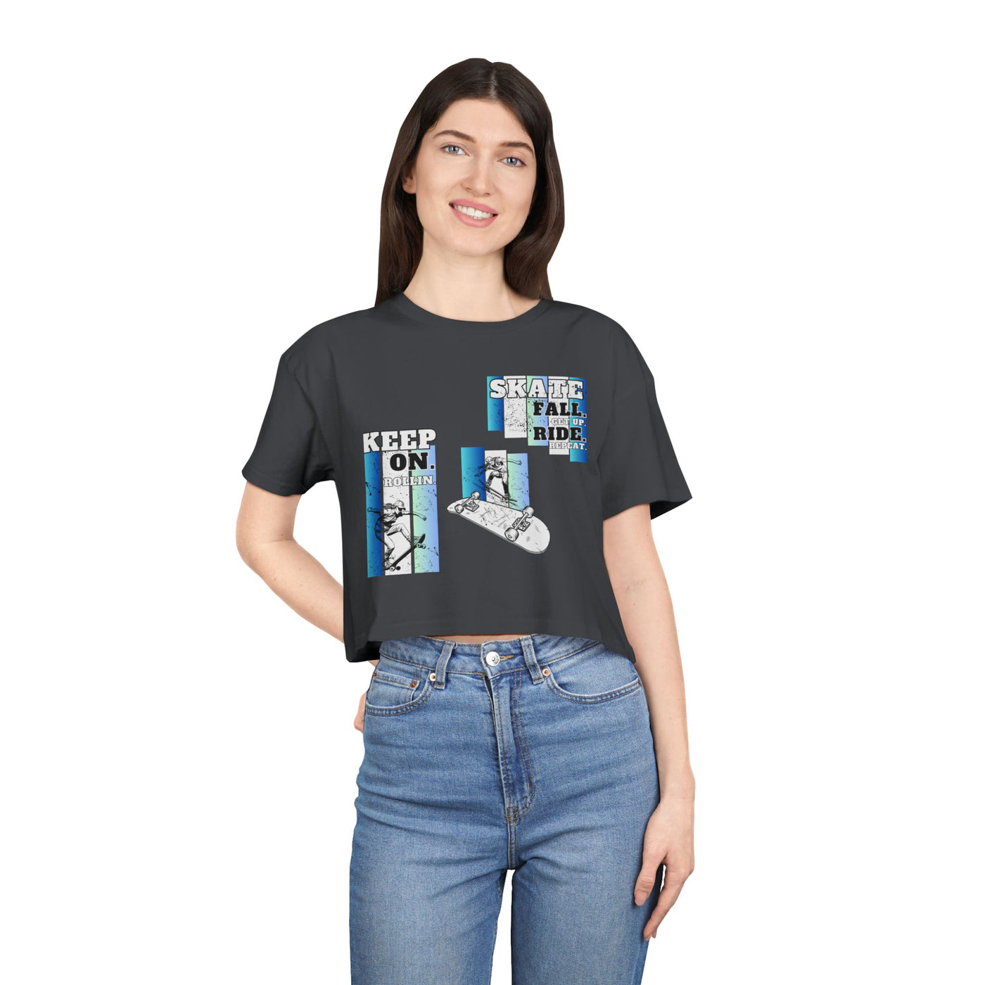 Skateboarding Women's Crop Tee - Keep On Skatin' & Fall Ride Graphic T-Shirt