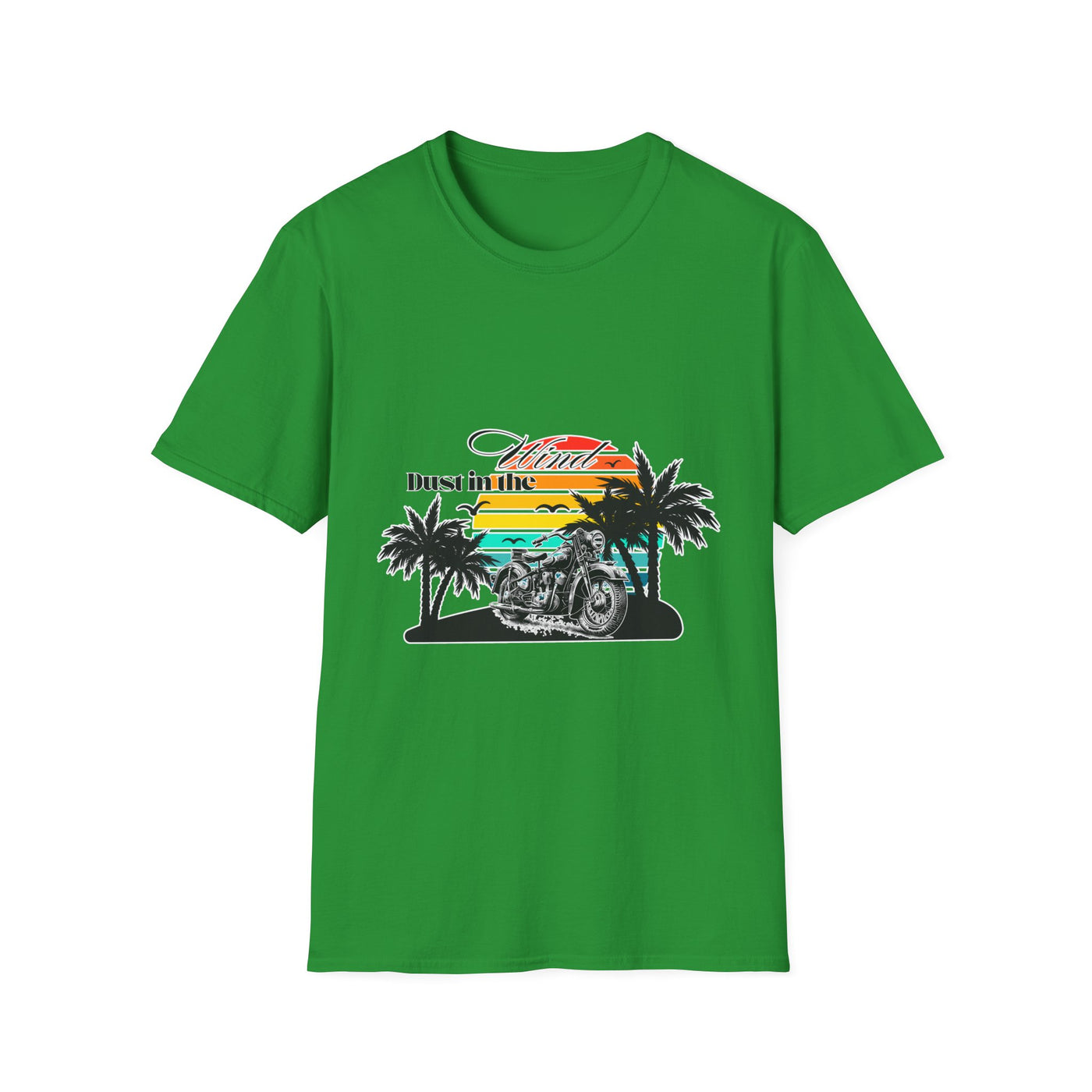 Dust in the Wind Unisex Jersey Tee – Retro Motorcycle & Palm Trees Design