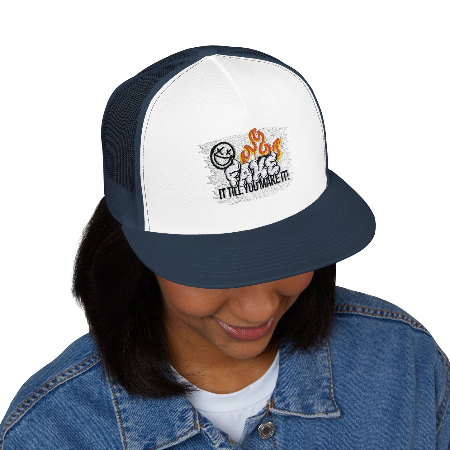 Embroidered 5 Panel Trucker Cap - Fake it til you make it