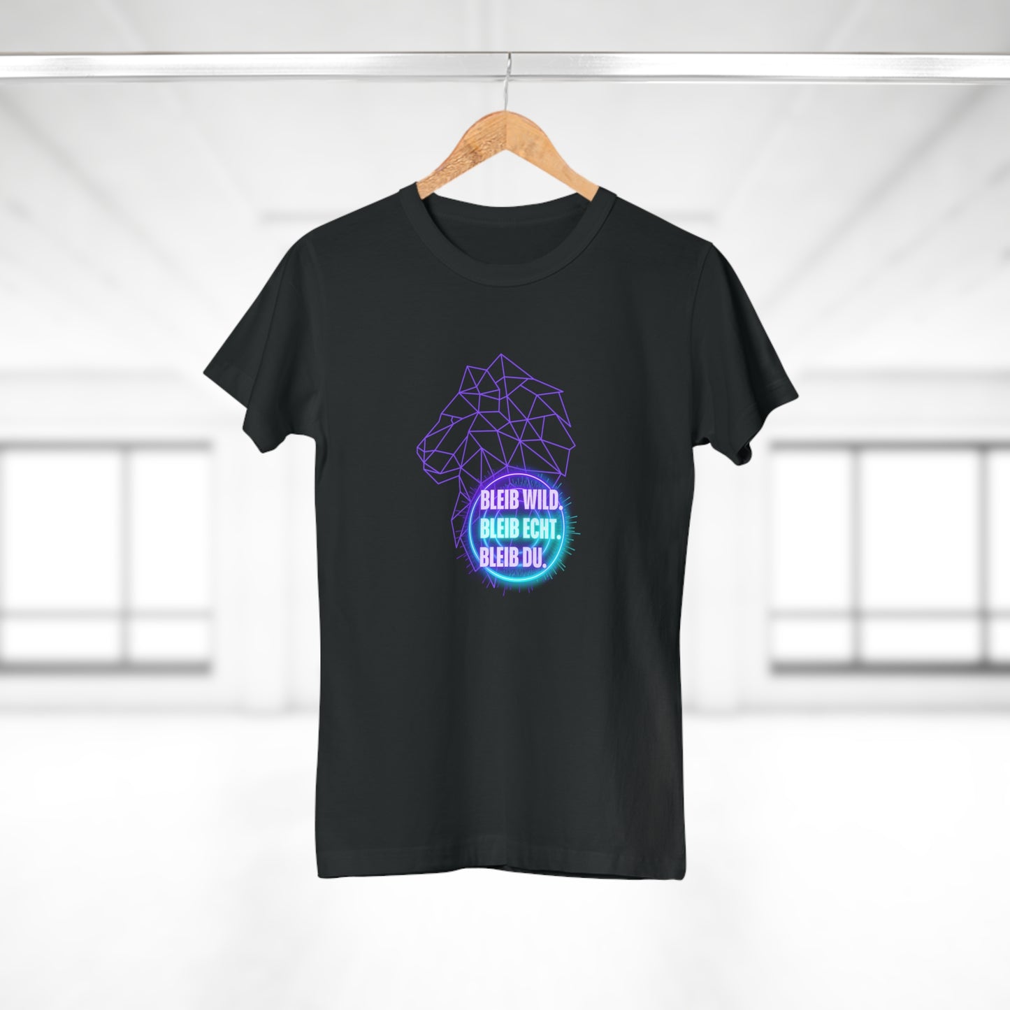 Women's Inspirational Lion T-Shirt - 'Bleib-Wild, Bleib-Echt, Bleib-Du' Design