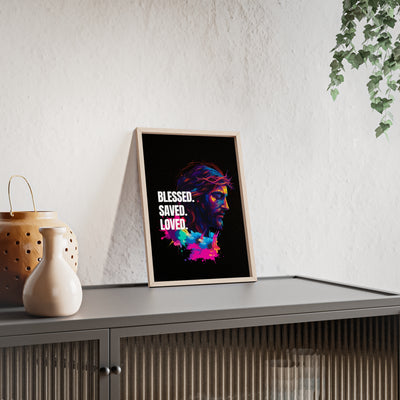 Inspirational Jesus Wall Art - 'Blessed, Saved, Loved' Poster with Wooden Frame 