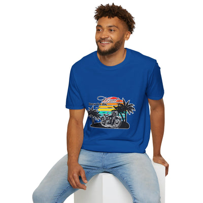 Dust in the Wind Unisex Jersey Tee – Retro Motorcycle & Palm Trees Design
