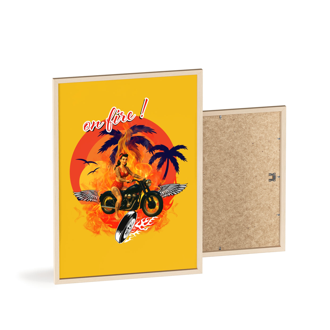 Vibrant Motorcycle Poster with Wooden Frame | Retro Wall Art for Bikers