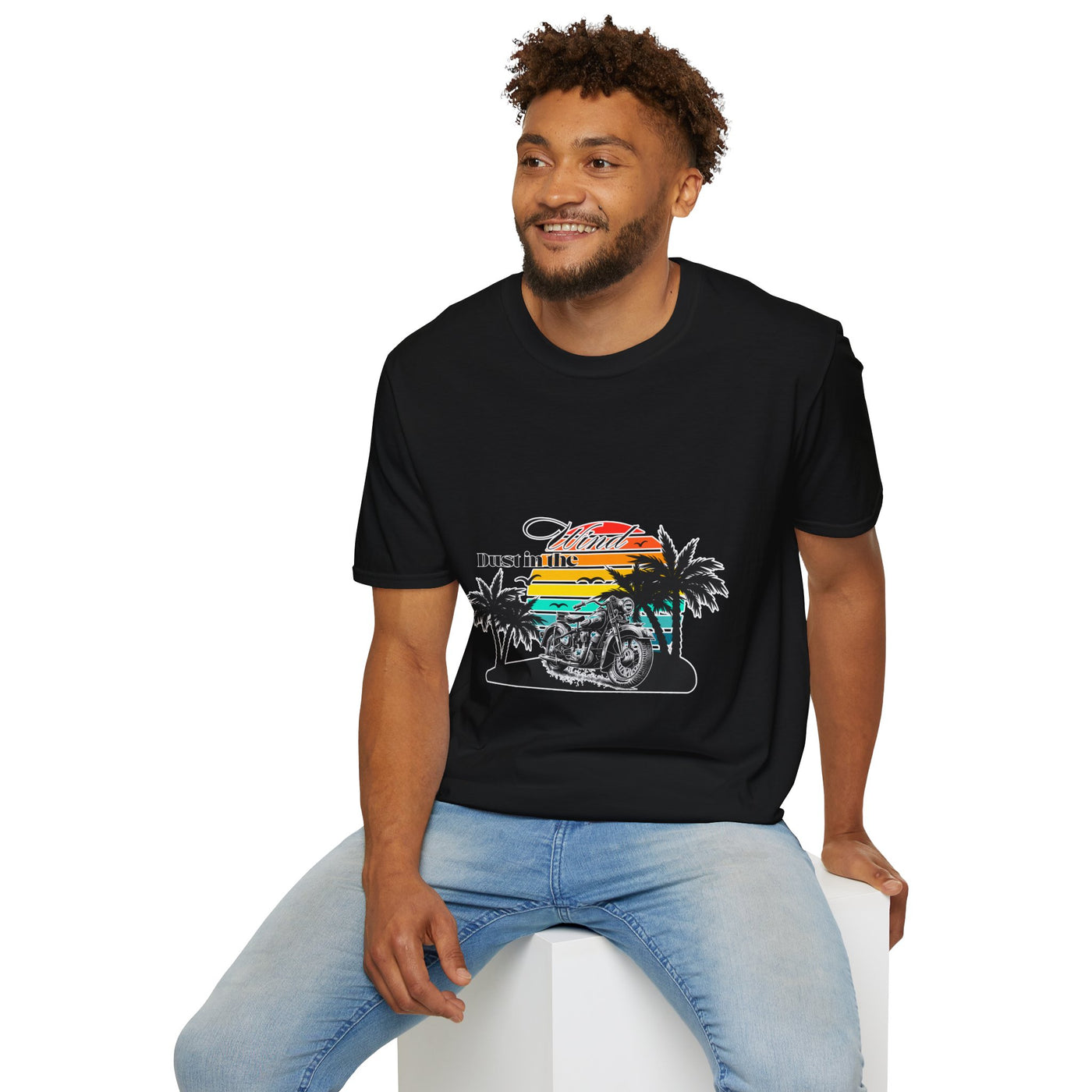 Dust in the Wind Unisex Jersey Tee – Retro Motorcycle & Palm Trees Design