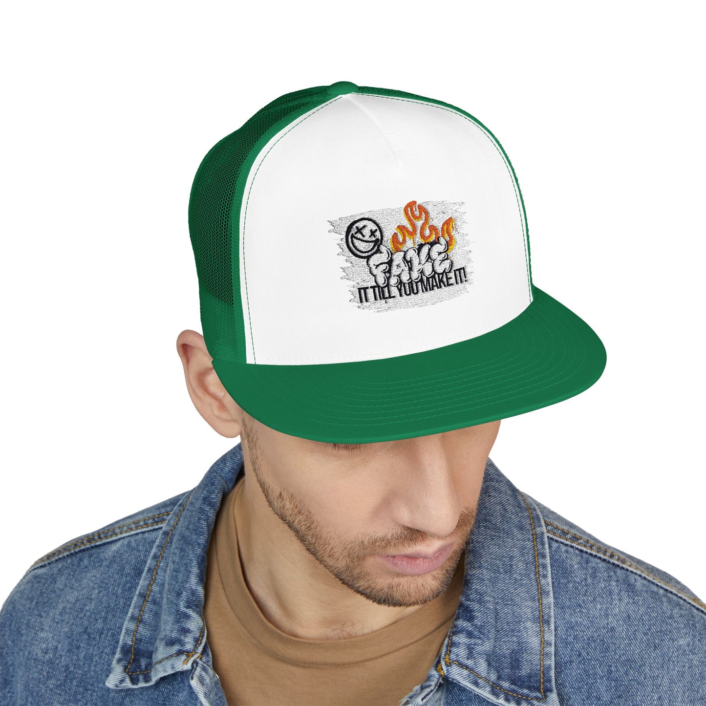 Embroidered 5 Panel Trucker Cap - Fake it til you make it