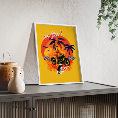 Vibrant Motorcycle Poster with Wooden Frame | Retro Wall Art for Bikers