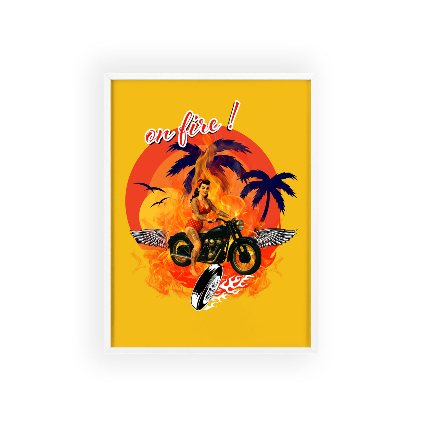 Vibrant Motorcycle Poster with Wooden Frame | Retro Wall Art for Bikers