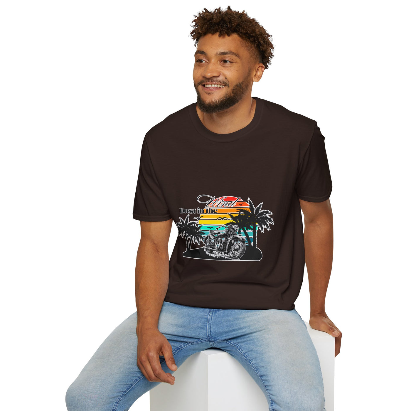 Dust in the Wind Unisex Jersey Tee – Retro Motorcycle & Palm Trees Design