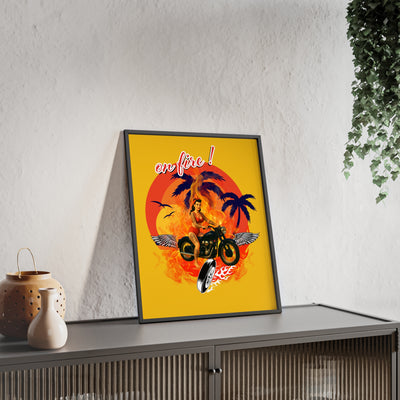 Vibrant Motorcycle Poster with Wooden Frame | Retro Wall Art for Bikers