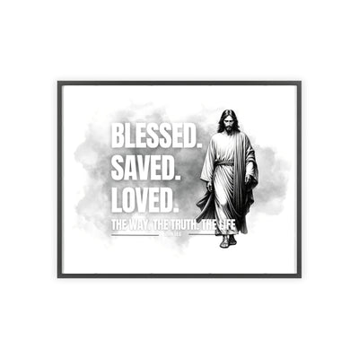 Inspirational Jesus Wall Art - Blessed, Saved, Loved - Framed Poster
